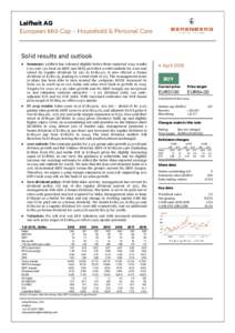 Leifheit AG European Mid-Cap – Household & Personal Care Solid results and outlook ● Summary: Leifheit has released slightly better-than-expected 2015 results (+1% and +3% beat on EBIT and EPS), provided a solid outl