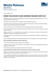 Friday, 13 March, 2015  MORE THAN SEVEN YOUNG WORKERS INJURED EVERY DAY According to the latest statistics from WorkSafe, more than seven young workers aged between 15 and 24 are seriously injured every day in Victoria. 