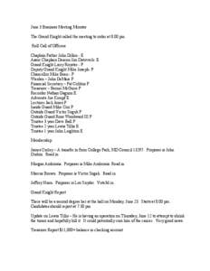 June 3 Business Meeting Minutes The Grand Knight called the meeting to order at 8:00 pm Roll Call of Officers Chaplain Father John Dillon - E Assoc Chaplain Deacon Jim Datovech- E Grand Knight Larry Royster - P