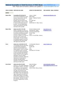 National Association of Adult Survivors of Child Abuse www.NAASCA.org Note: Please send corrections, additions and updates to:  AREA COVERED SERVICES INCLUDED GROUP OR ORGANIZATION