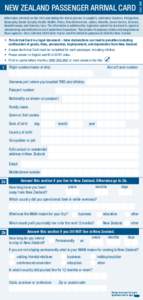 MAY[removed]NEW ZEALAND PASSENGER ARRIVAL CARD Information collected on this form and during the arrival process is sought to administer Customs, Immigration, Biosecurity, Border Security, Health, Wildlife, Police, F