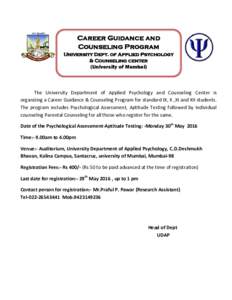 Career Guidance and Counseling Program University Dept. of Applied Psychology & Counseling center  (University of Mumbai)