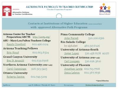 Alternative Pathways to teacher Certification (Teacher Preparation Programs) Contacts at Institutions of Higher Education (names are email links) with approved Alternative Path Programs Arizona Center for Teacher