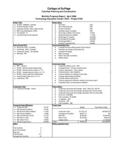 College of DuPage Facilities Planning and Construction Monthly Progress Report - April 2008 Technology Education Center (TEC) - Project #728 Design Status: ●