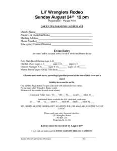 Lil’ Wranglers Rodeo ! Sunday August 24th 12 pm! !  Registration – Please Print!