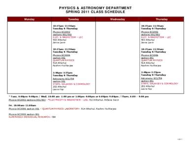 PHYSICS & ASTRONOMY DEPARTMENT SPRING 2011 CLASS SCHEDULE Monday Tuesday