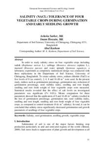 European Environmental Sciences and Ecology Journal June 2014 Edition Vol.1 No.1 SALINITY (NACL) TOLERANCE OF FOUR VEGETABLE CROPS DURING GERMINATION AND EARLY SEEDLING GROWTH