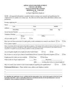 APPLICATION FOR EMPLOYMENT COUNTY OF SPINK 210 EAST SEVENTH AVENUE REDFIELD, SDRev. 9/05