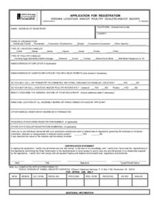 APPLICATION FOR REGISTRATION VIRGINIA LIVESTOCK AND/OR POULTRY DEALERS AND/OR AGENTS VDACSO VS(9/00)