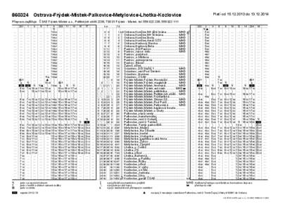 Platí od[removed]do[removed][removed]Ostrava-Frýdek-Místek-Palkovice-Metylovice-Lhotka-Kozlovice Přepravu zajišťuje: ČSAD Frýdek-Místek a.s., Politických obětí 2238, [removed]Frýdek - Místek, tel[removed]