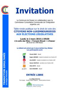 Invitation La Commune de Roeser en collaboration avec la Commission Consultative Communale de l’Intégration organise une  Table-ronde publique sur le droit de vote des