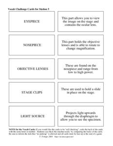 Vocab Challenge Cards for Station 5  EYEPIECE This part allows you to view the image on the stage and