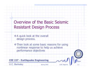 Overview of the Basic Seismic Resistant Design Process vA quick look at the overall design process. vThen look at some basic reasons for using nonlinear response to help us achieve