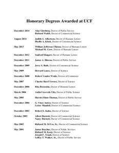 Honorary Degrees Awarded at UCF December 2014 Alan Ginsburg, Doctor of Public Service Richard Walsh, Doctor of Commercial Science