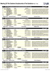 Meeting 22-The Gardens Greyhounds at The Gardens(Friday 17 Apr) R1 WELCOME TO NEWCASTLE GREYHOUNDS MAIDEN MAIDEN $1185 400m  Starts 5:52pm