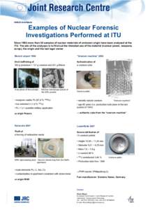 Examples of Nuclear Forensic Investigations Performed at ITU Since 1992 more than 30 samples of nuclear materials of unknown origin have been analysed at the ITU. The aim of the analyses is to find out the intended use o