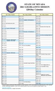 STATE OF NEVADA 2013 LEGISLATIVE SESSION 120-Day Calendar Date (Day of Session)  Date (Day of Session)