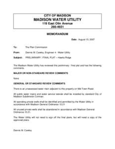 CITY OF MADISON  MADISON WATER UTILITY 119 East Olin Avenue[removed]MEMORANDUM