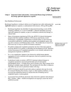 ABCD Subject: Important Safety Information: Intracranial Hemorrhage in Patients Receiving Aptivus® (tipranavir) capsules Boehringer Ingelheim Pharmaceuticals, Inc.
