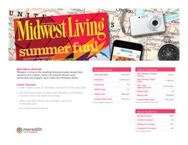 EDITORIAL MISSION Midwest Living is the leading lifestyle media brand that explores the region, savors its unique flavors and celebrates the people who make the Midwest shine. 	
  