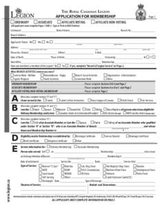 The Royal Canadian Legion APPLICATION FOR MEMBERSHIP ORDINARY ASSOCIATE