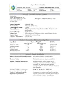 Sagent Pharmaceuticals, Inc.  Zoledronic Acid Injection Material Safety Data Sheet (MSDS)