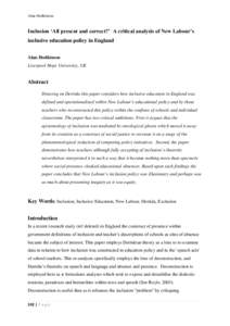 Alan Hodkinson  Inclusion ‘All present and correct?’ A critical analysis of New Labour’s inclusive education policy in England Alan Hodkinson Liverpool Hope University, UK