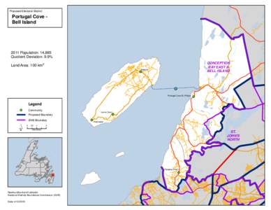 Proposed Electoral District:  Portugal Cove Bell Island 2011 Population: 14,885 Quotient Deviation: 9.9%