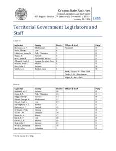 Oregon Legislators and Staff Guide 1855 Regular Session (7th Territorial): December 1, January 31, 1856