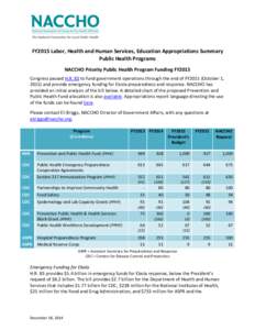 FY2015 Labor, Health and Human Services, Education Appropriations Summary Public Health Programs NACCHO Priority Public Health Program Funding FY2015 Congress passed H.R. 83 to fund government operations through the end 