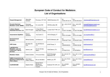 European Code of Conduct for Mediators List of Organisations Dispute Management Mercedes Tarrazón
