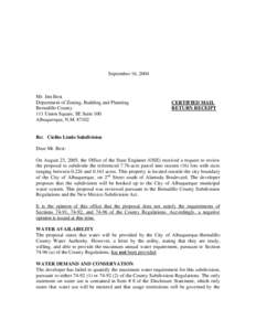 September 16, 2004  Mr. Jim Best Department of Zoning, Building and Planning Bernalillo County 111 Union Square, SE Suite 100
