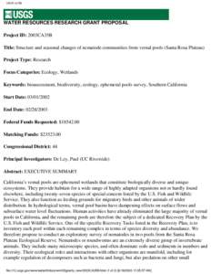 2003CA35B  WATER RESOURCES RESEARCH GRANT PROPOSAL Project ID: 2003CA35B Title: Structure and seasonal changes of nematode communities from vernal pools (Santa Rosa Plateau) Project Type: Research