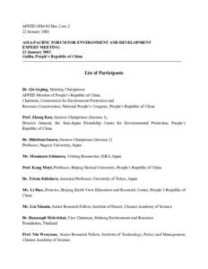 APFED3/EM/03/Doc.2.rev.2 22 January 2003 ASIA-PACIFIC FORUM FOR ENVIRONMENT AND DEVELOPMENT EXPERT MEETING 23 January 2003 Guilin, People’s Republic of China