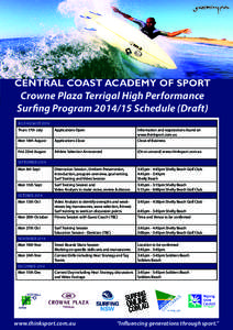 CENTRAL COAST ACADEMY OF SPORT  Crowne Plaza Terrigal High Performance Surfing ProgramSchedule (Draft) JULY/AUGUST 2014 Thurs 17th July