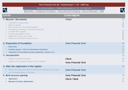 Swiss Financial Yard AG  Grabenstrasse 3  CH – 6300 Zug www.swissfinancialyard.ch  [removed]  Tel. +[removed]Checklist - Company Formation - International Company - Ras al Khaimah - 