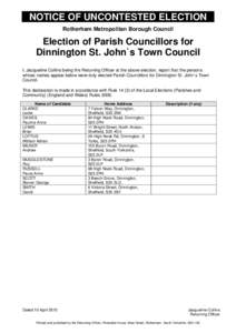 NOTICE OF UNCONTESTED ELECTION Rotherham Metropolitan Borough Council Election of Parish Councillors for Dinnington St. John`s Town Council I, Jacqueline Collins being the Returning Officer at the above election, report 