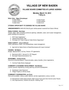 VILLAGE OF NEW BADEN VILLAGE BOARD COMMITTEE-AT-LARGE AGENDA Monday, March 19, 2012 7:00 p.m. ROLL CALL: Mayor Brandmeyer Trustee Malina