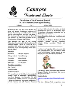 Camrose Roots and Shoots Newsletter of the Camrose Branch of the Alberta Genealogical Society Volume 1