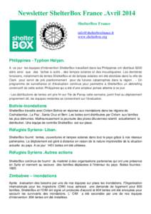 Newsletter ShelterBox France .Avril 2014 ShelterBox France [removed] www.shelterbox.org  Philippines - Typhon Haiyan.