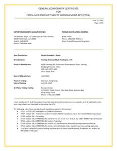 GENERAL CONFORMITY CERTIFICATE FOR CONSUMER PRODUCT SAFETY IMPROVEMENT ACT (CPSIA) June 18, 2010 Page 1 of 1