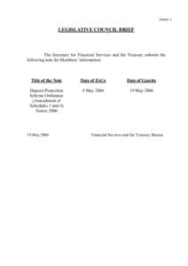 Annex 1  LEGISLATIVE COUNCIL BRIEF The Secretary for Financial Services and the Treasury submits the following note for Members’ information: