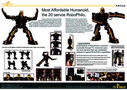 Most Affordable Humanoid, the 20 servos RoboPhilo. Taking a break from flying, the World Models is applying their airplane know-how to RC Humanoids, and will be releasing their first robotics project, RoboPhilo. Designed