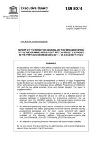 UNESCO. Executive Board; 189th; Report by the Director-General on the implementation of the Programme and Budget and on results achieved in the previous biennium[removed], 35 C/5) (Draft 37 C/3); 2012