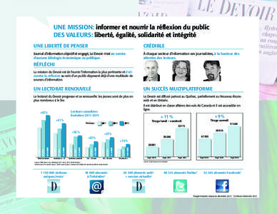 UNE MISSION: informer et nourrir la réflexion du public DES VALEURS: liberté, égalité, solidarité et intégrité UNE LIBERTÉ DE PENSER CRÉDIBLE