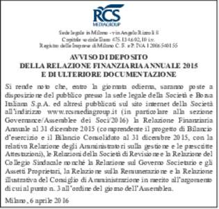 Sede legale in Milano - via Angelo Rizzoli 8 Capitale sociale Euro,10 i.v. Registro delle Imprese di Milano C. F. e P. IVAAvviso di deposito dellA RelAzione FinAnziARiA AnnuAle 2015