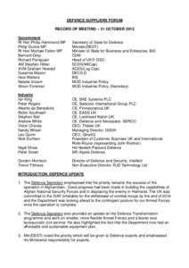 DEFENCE SUPPLIERS FORUM RECORD OF MEETING – 31 OCTOBER 2012 Government Rt Hon Philip Hammond MP Philip Dunne MP Rt Hon Michael Fallon MP