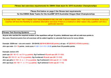 Fitness test exercises requirements for DBWA State team for 2015 Australian Championships Please find below on page 2 the fitness test requirements for the DBWA State Teams for the AusDBF 2015 Australian Dragon Boat Cham