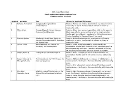 56th Annual Convention Illinois Speech-Language-Hearing Association Conflict of Interest Disclosure Session # Presenter 1 Politano, Patricia Ann