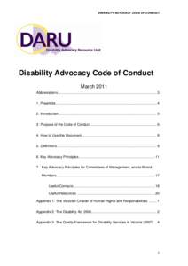 DISABILITY ADVOCACY CODE OF CONDUCT  Disability Advocacy Code of Conduct March 2011 Abbreviations .................................................................................................... 3 1. Preamble........